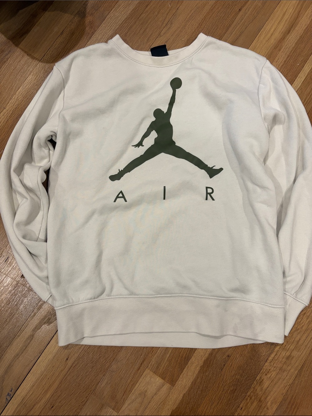 Nike Men's White Crewneck Sweatshirt with Olive Jumpman
